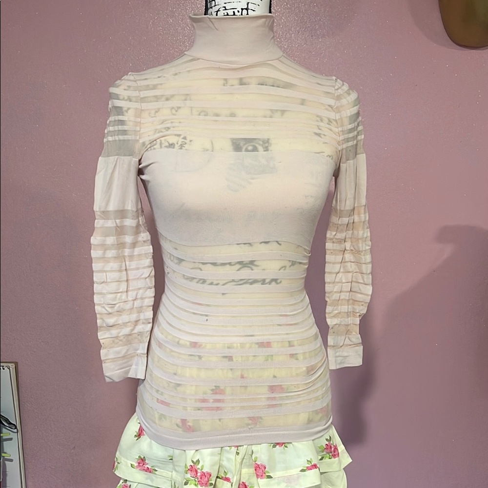 Sheer Striped Cream Turtleneck Top